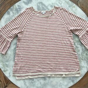 J Jill red/cream striped Women's top 3/4 bell sleeves Linen blend small petite